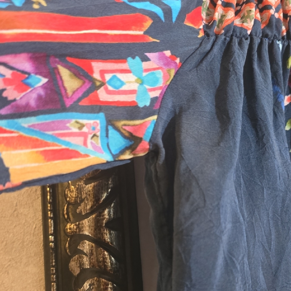 #93. Johnny Was Blue and Orange Embellished Long Sleeve Blouse - Picture 4 of 6